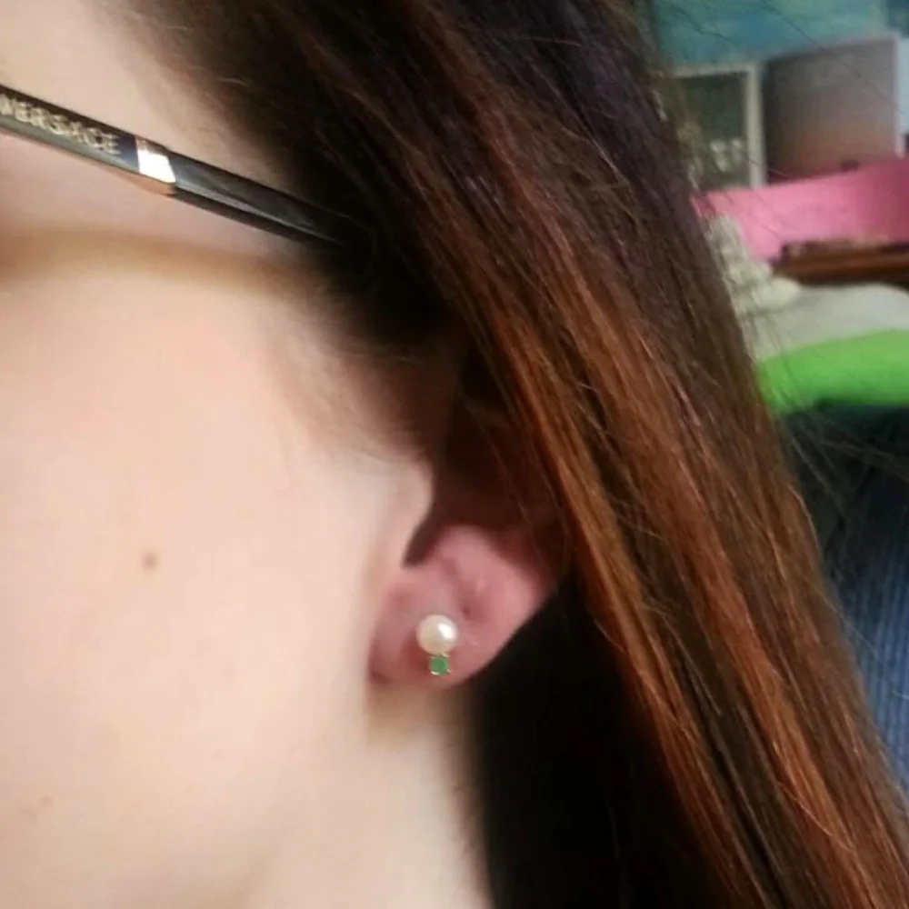 Natural 5mm Pearl 2mm Emerald 14KT Stud Earrings